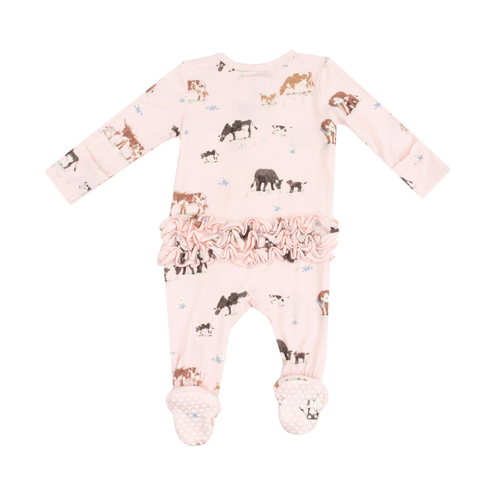 Cow Families 2 Way Zipper Ruffle Back Footie