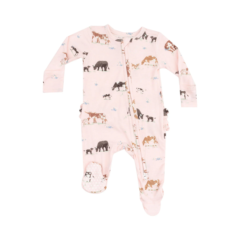 Cow Families 2 Way Zipper Ruffle Back Footie