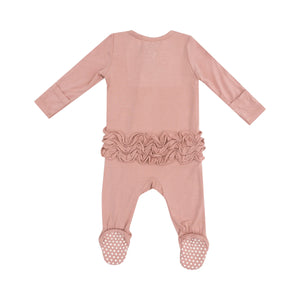 Solid Mellow Rose 2 Way Zipper Ruffle Back Footie