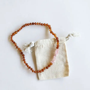 Raw Cognac + Raw Rose Quartz - Baltic Amber Necklace