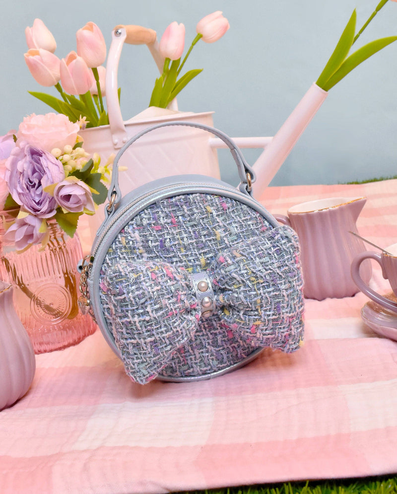 Tweed Bow Blue Round Crossbody Bag