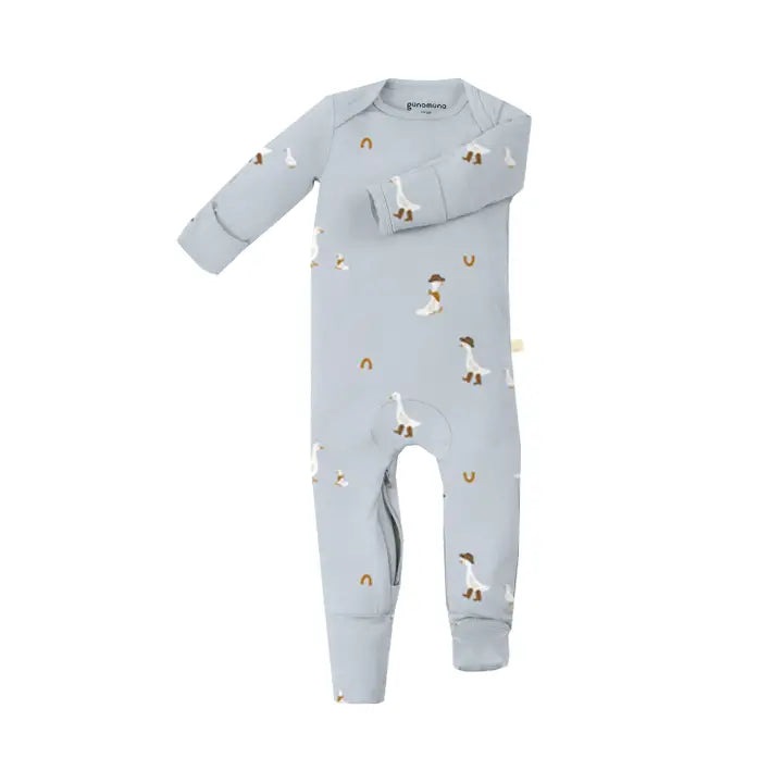 Gray baby onesie with geese wearing cowboy hats and boots on a white background