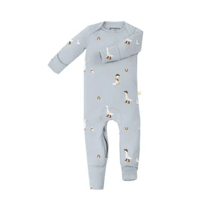 Gray baby onesie with geese wearing cowboy hats and boots on a white background