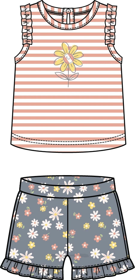 Stripe Daisy Top with Print Short Set