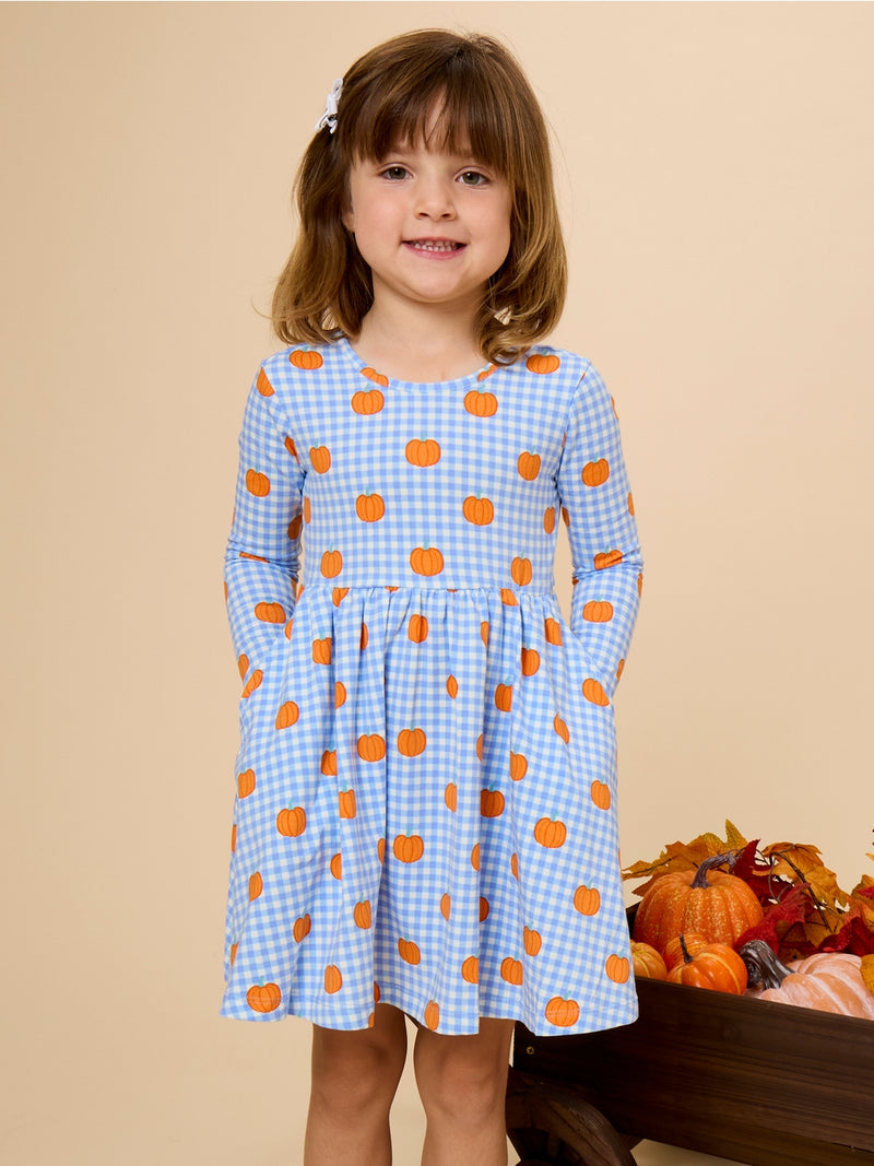 long sleeve twirl dress Pumpkin Patch Gingham Knit The bodice is fitted Size:6Year Fall In Love Flowy Off Price