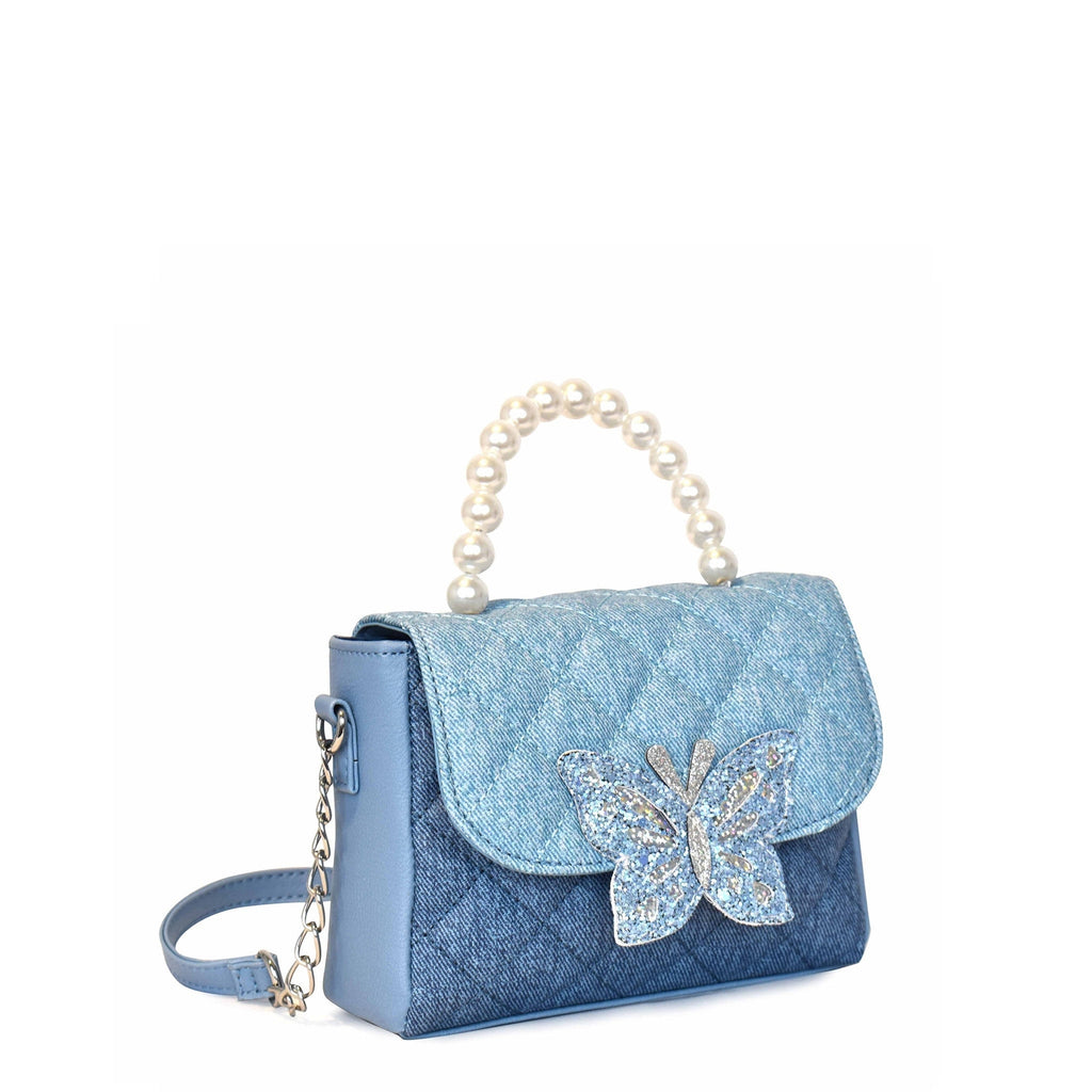 Denim Quilted Butterfly Top Handle Mini Bag