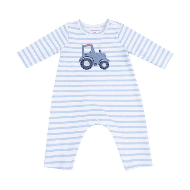 Tractor Applique LS Lt. Blue Stripe Romper