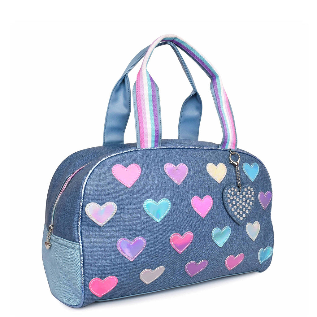 Metallic Heart-Patched Denim Medium Duffle Bag