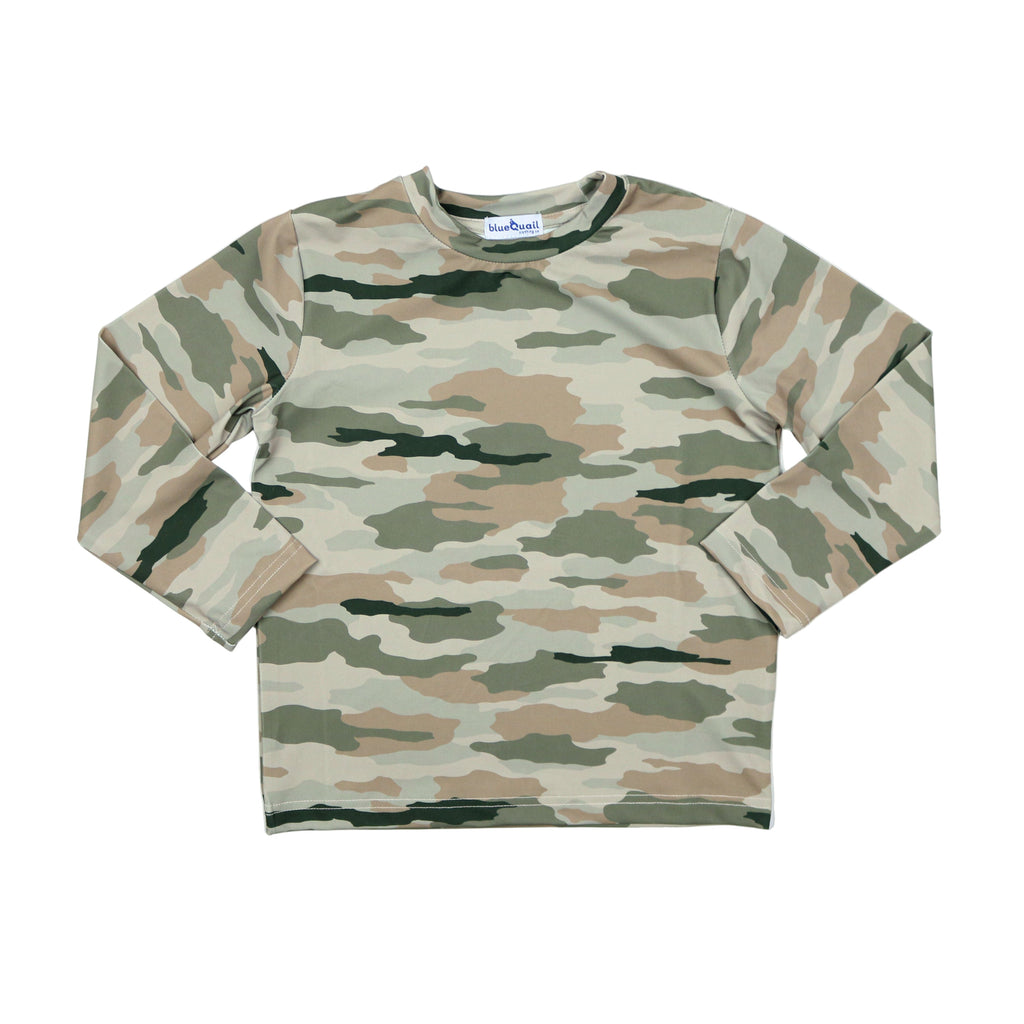 Camouflage-patterned long-sleeve shirt on a white background