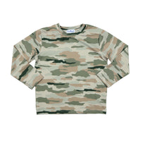 Camouflage-patterned long-sleeve shirt on a white background