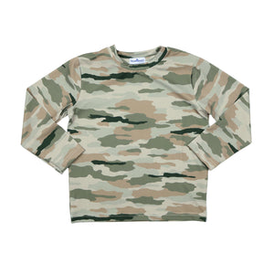 Camouflage-patterned long-sleeve shirt on a white background