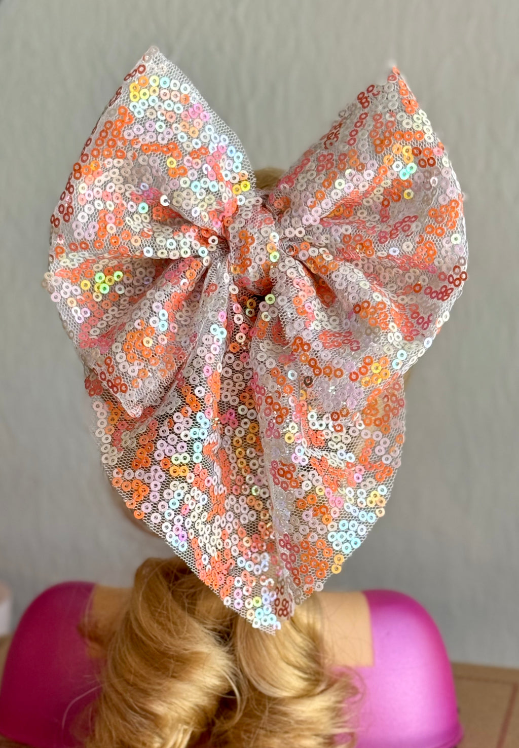 Orange & Pink Sequin 5" Sailor Bow on Clip