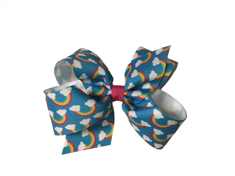 Blue Rainbow Print Grosgrain Hair Bow