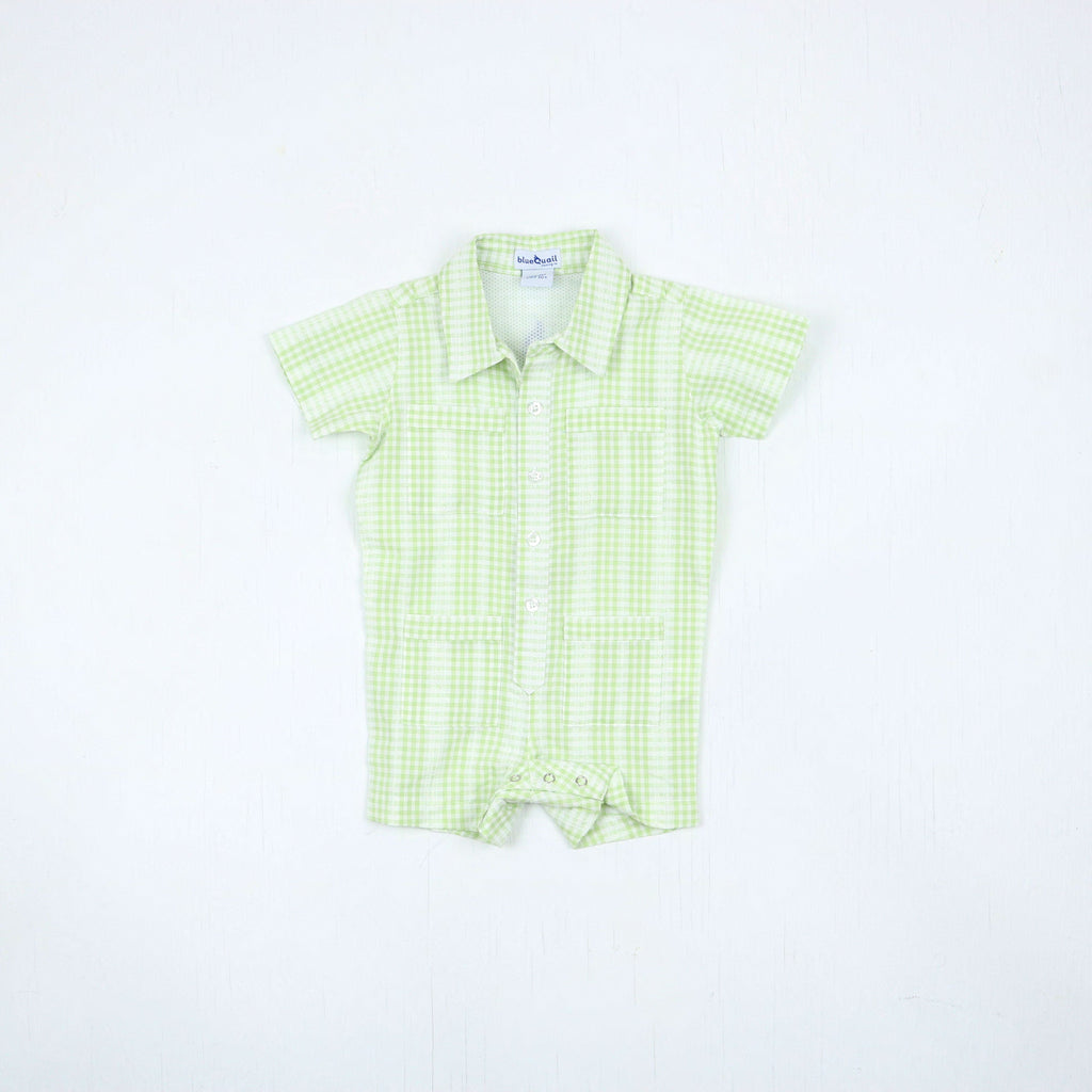 Guayabera Romper - Green Plaid Linen