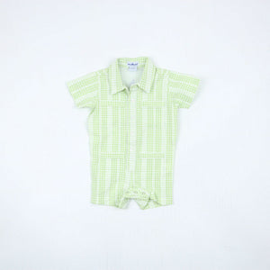 Guayabera Romper - Green Plaid Linen