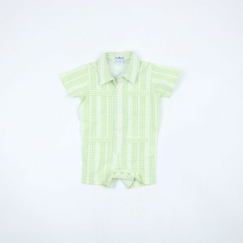 Guayabera Romper - Green Plaid Linen