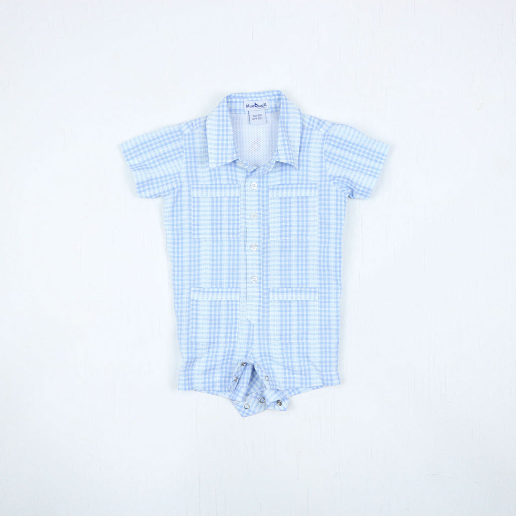 Guayabera Romper - Blue Plaid Linen