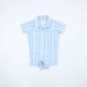 Guayabera Romper - Blue Plaid Linen