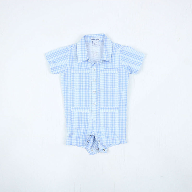 Guayabera Romper - Blue Plaid Linen