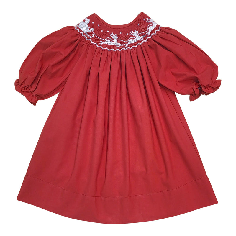 Santa Sleigh Smocked Red Bishop Dress