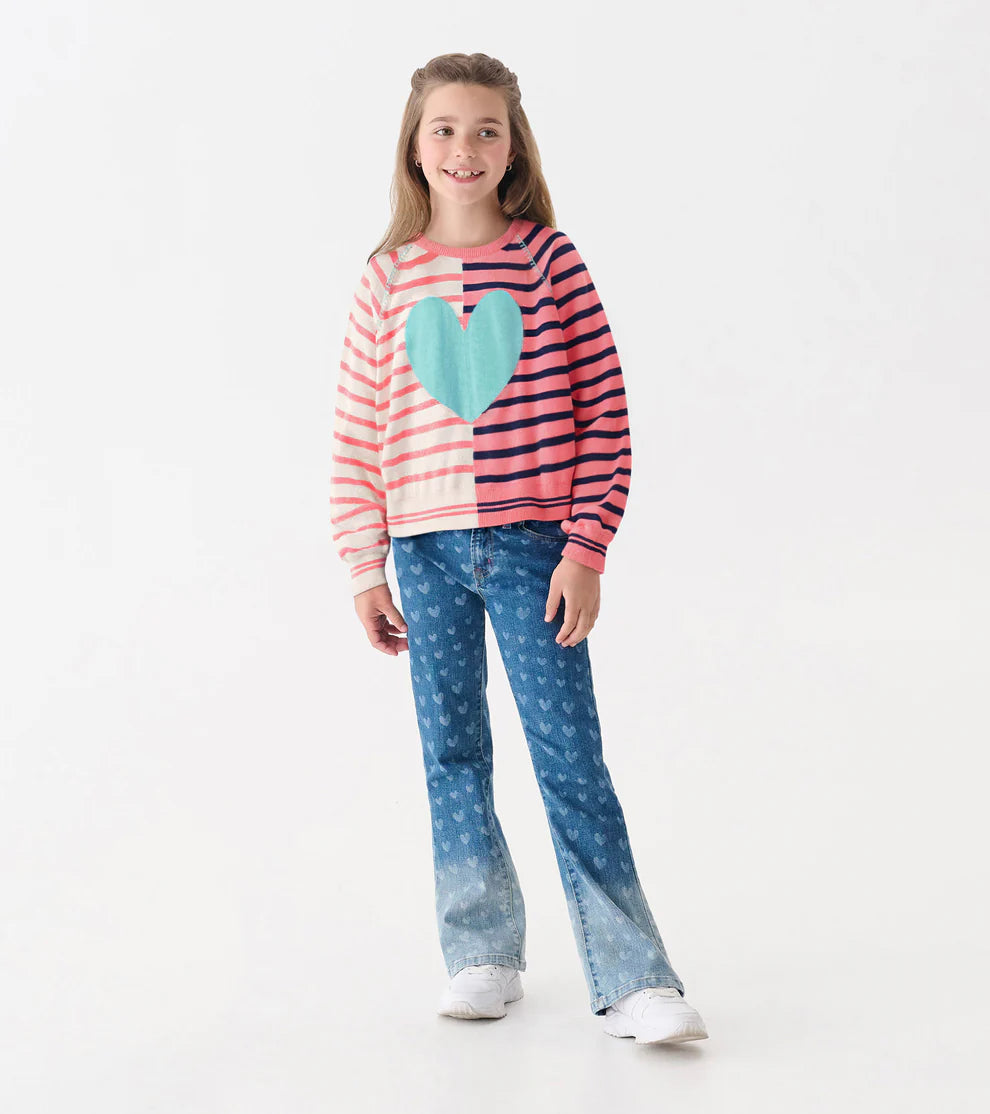 Girls Mixed Stripes Pullover Sweater - Heart