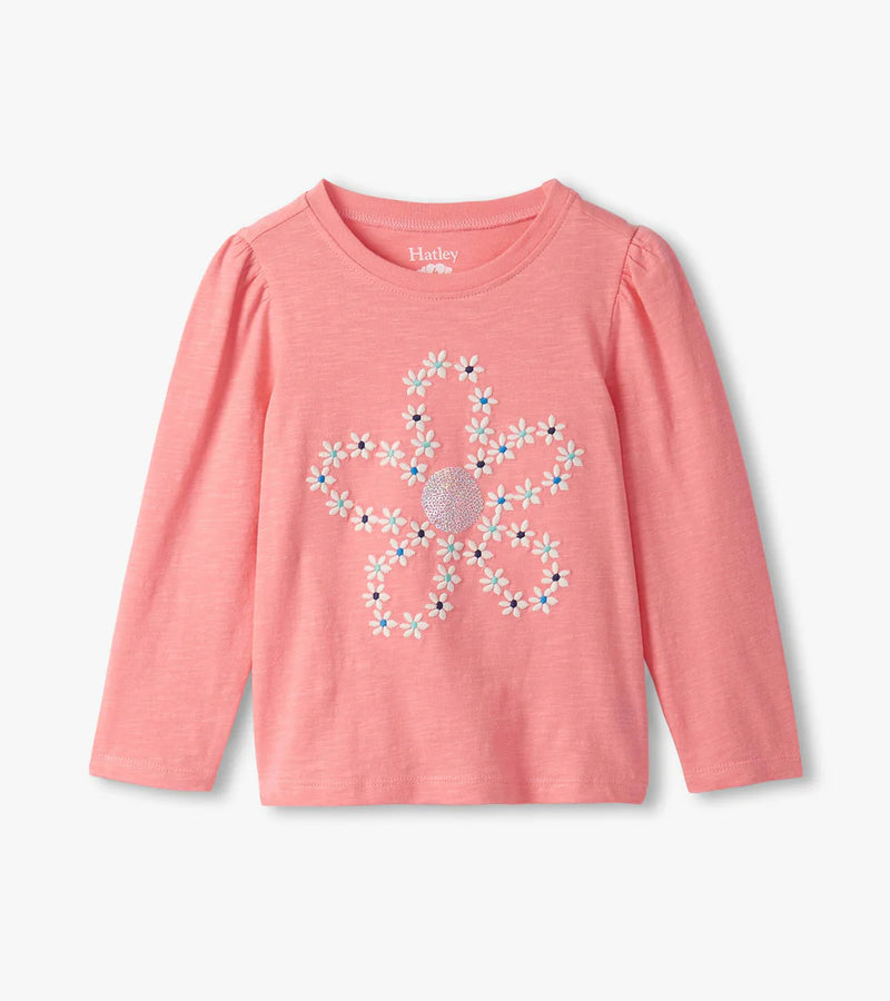 Embroidered Flowers Puff Sleeve Graphic Tee