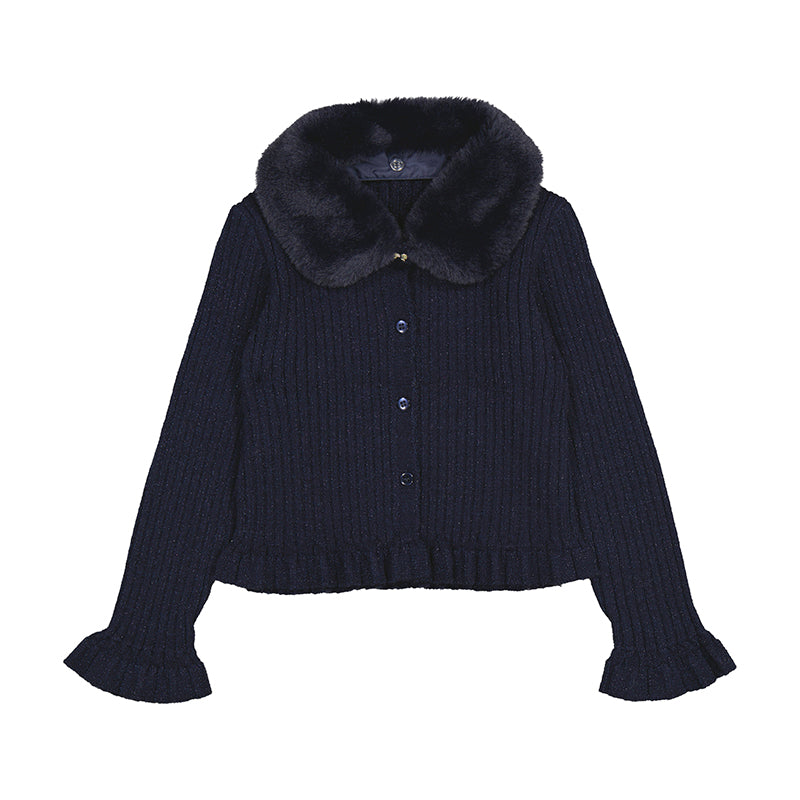 Shimmery Navy Faux Fur Collar Cardigan
