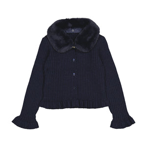 Shimmery Navy Faux Fur Collar Cardigan