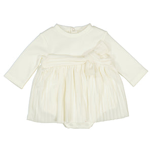 Natural White LS Onesie Pleated Bow Dress