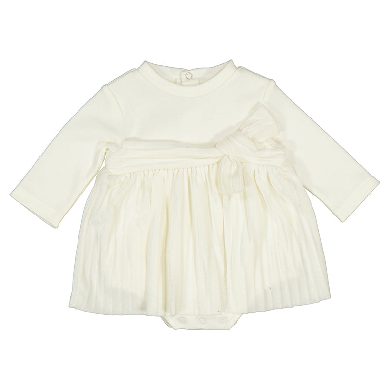 Natural White LS Onesie Pleated Bow Dress