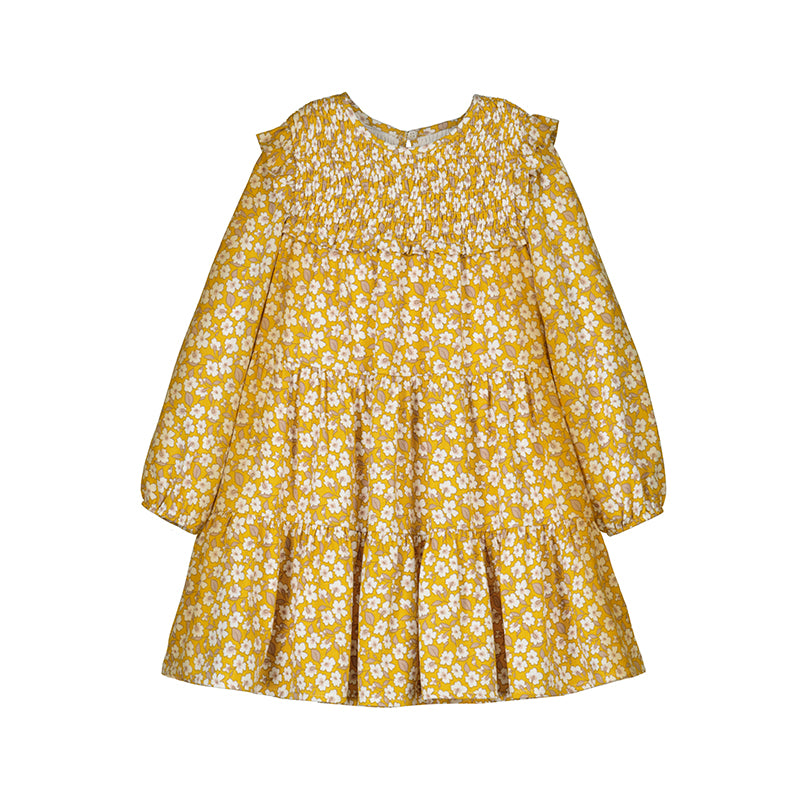 Mustard Floral Smocked Long Sleeve Dress