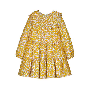Mustard Floral Smocked Long Sleeve Dress