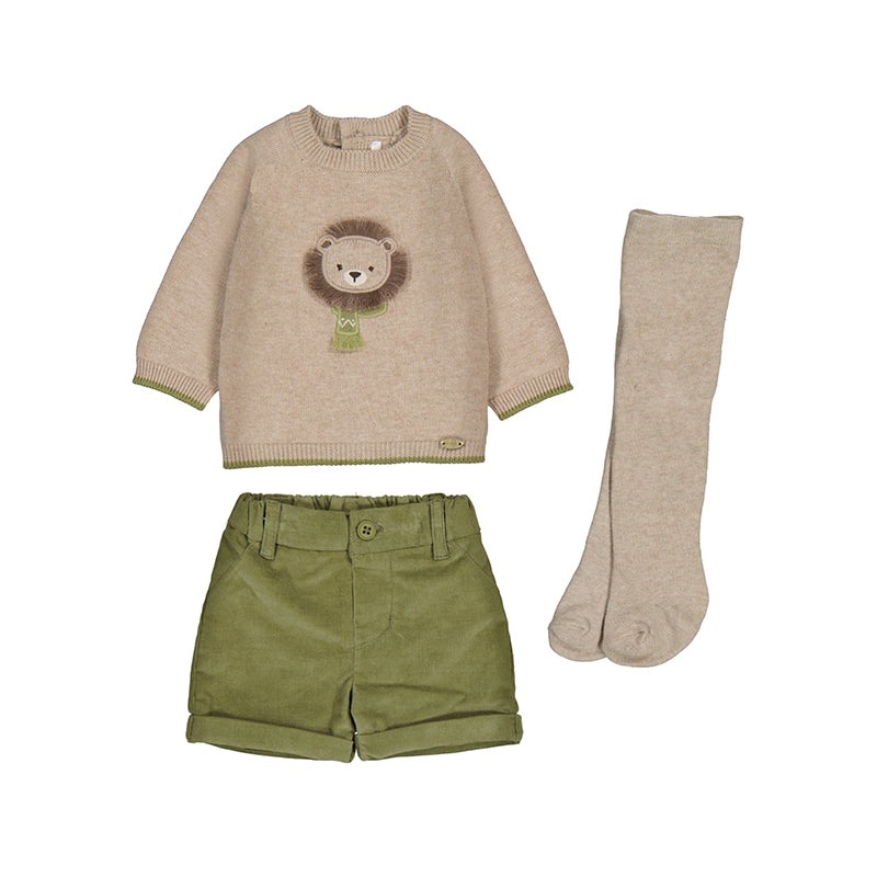 Lion Oat Sweater, Olive Shorts & Oat Knee High Set