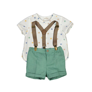 Broccoli Linen Shorts, Suspenders & Star Top Set