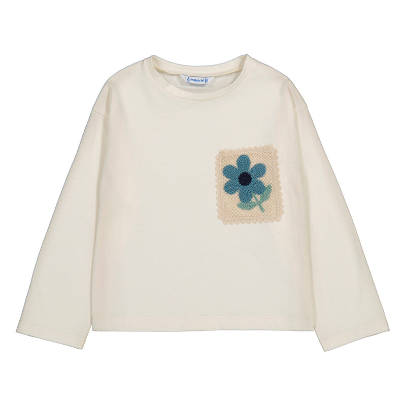 Crochet Blue Flower Patch Long Sleeve Shirt