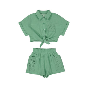 Button & Tie Mint Shirt & Shorts Set