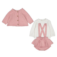 Orchid Pink 3 Piece Knit Cardigan, Skirted Overall & LS Tee Set