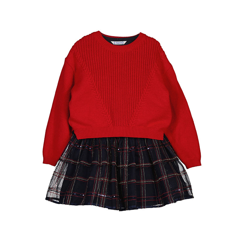 Cherry Red Sweater & Plaid Tulle Dress