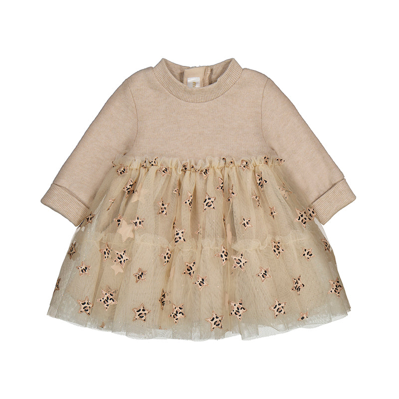 Oat Leopard Star Print Tulle Skirted LS Dress