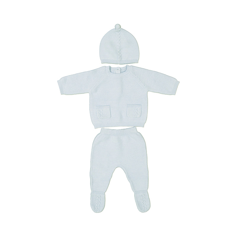 Sky Blue 3 Piece Hat & Footed Knit Set