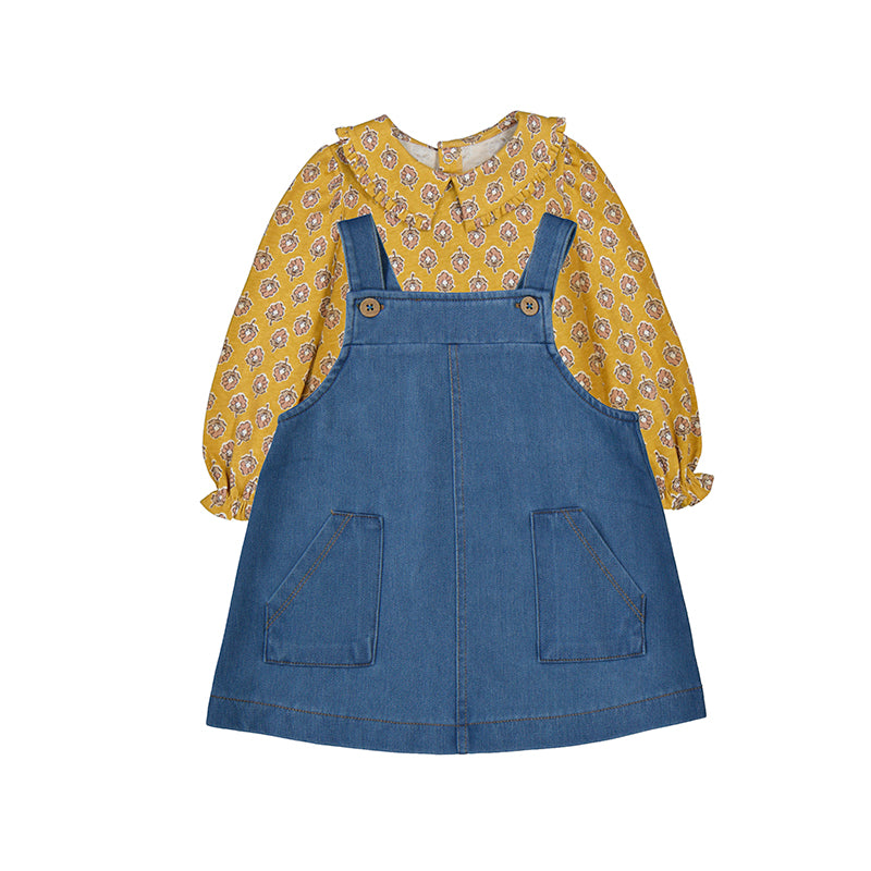 Mustard Block Print Blouse & Denim Dungaree Skirt Set