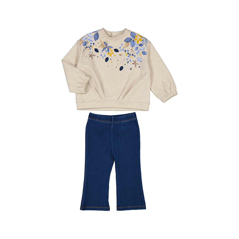 Blue & Yellow Floral LS Top & Knit Denim Leggings Set