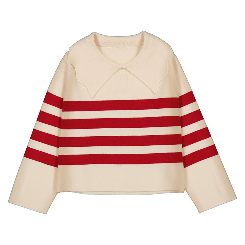 Red Stripe Collared Almond Sweater