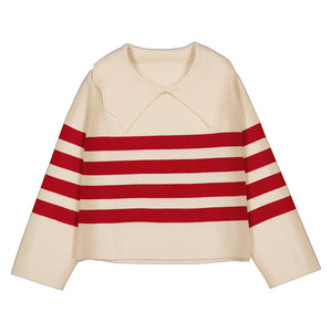 Red Stripe Collared Almond Sweater