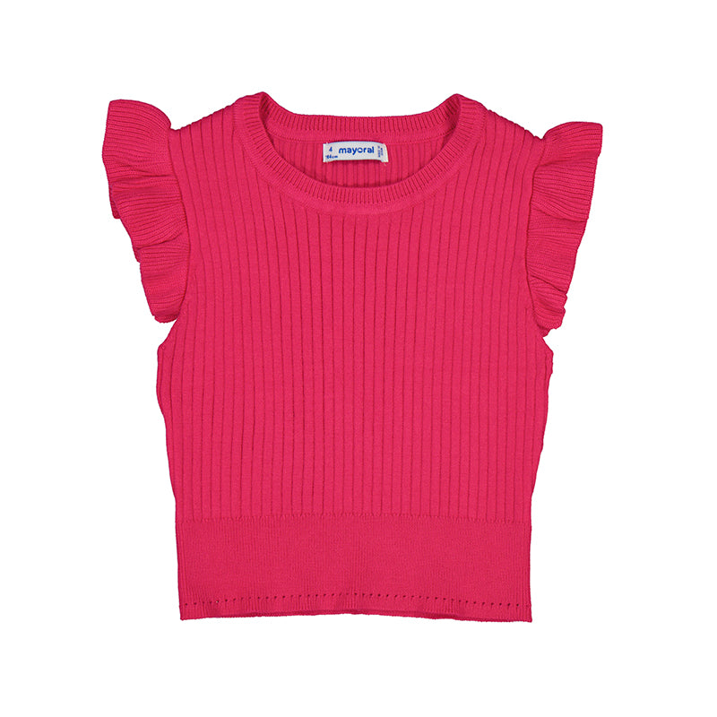 Magenta Ribbed Knit Ruffle Sleeveless Top