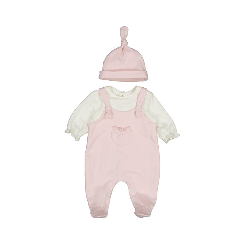 Baby Rose Pink Knit Dungaree LS Coverall & Pink Knit Hat Set