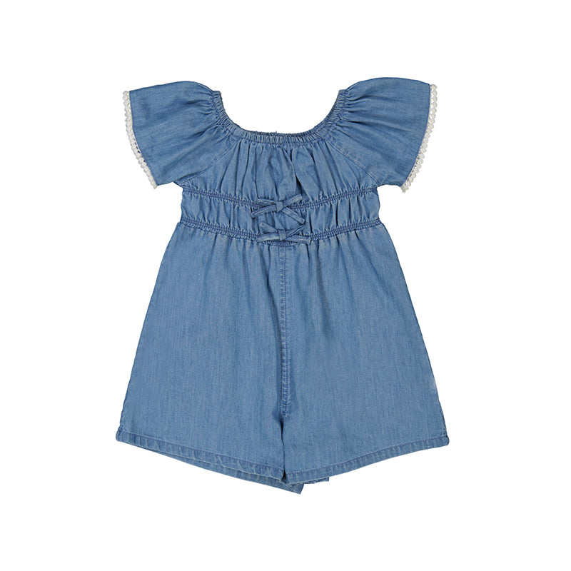 Light Denim Flowy Pom Trim Romper