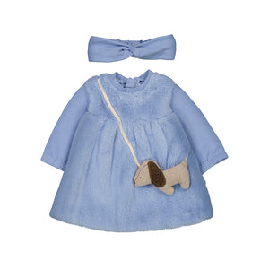 Dream Blue Faux Fur LS Dress, Headband & Dog Purse