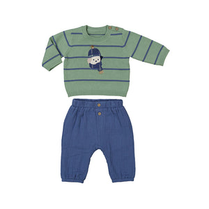 Bundled Pup Green Stripe Sweater & Trouser Set