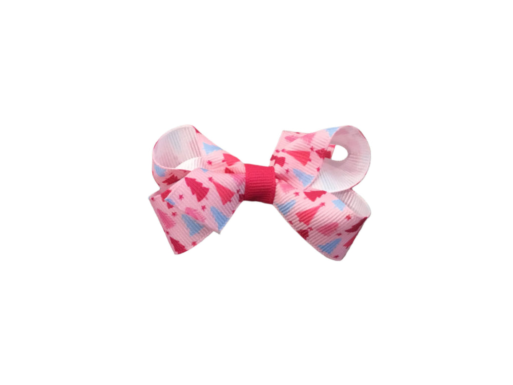 Mini Holiday Grosgrain Hair Bow - Pink Trees